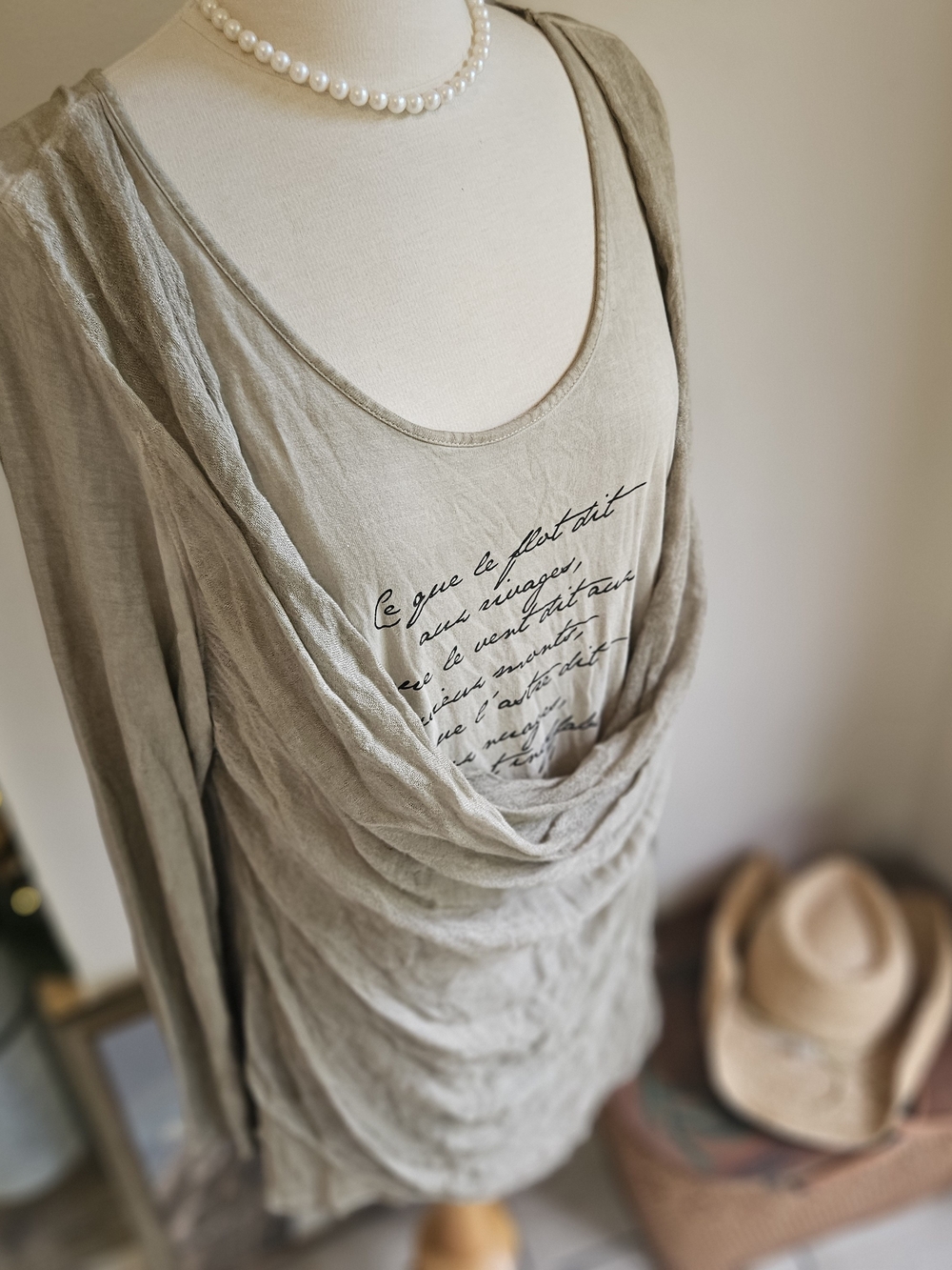 Soft Surroundings Cream Draped Long-Sleeve Tank with Script Print